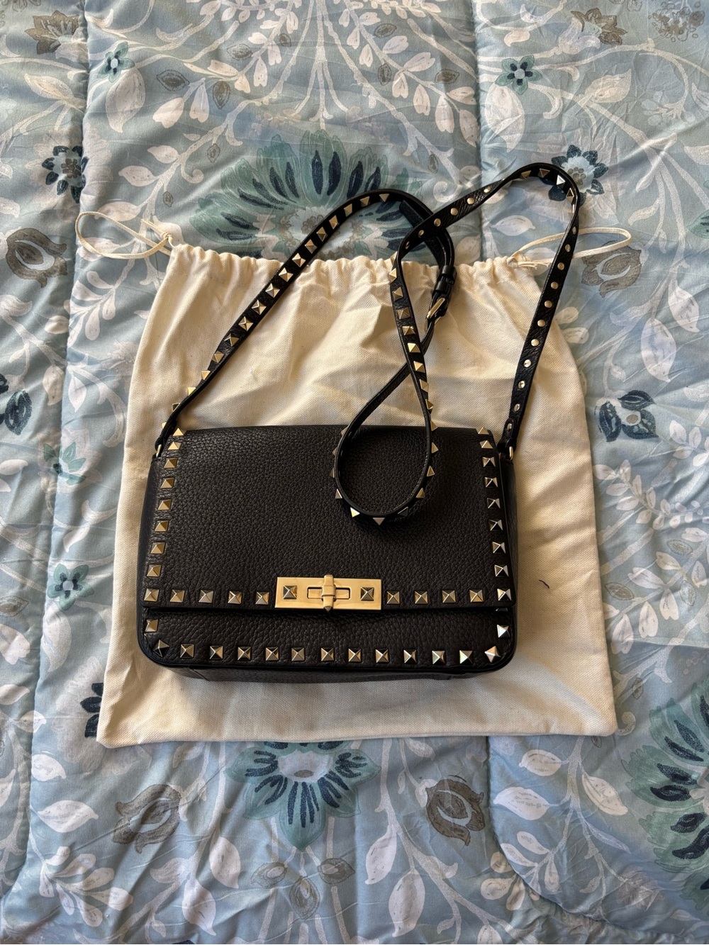 Valentino Black Leather Rockstud Crossbody with Gold Hardware